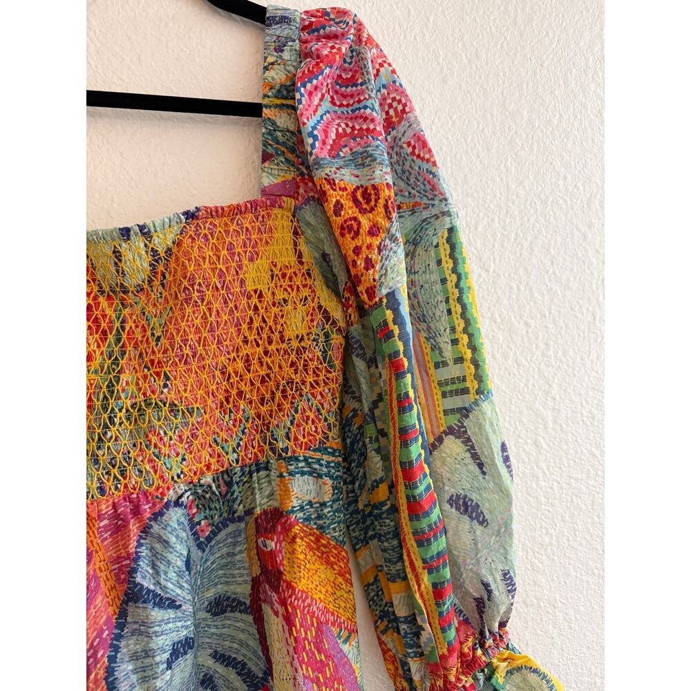 Farm Rio Colorful Print Smocked Long Sleeve Mini Dress Size S - Picture 6 of 7